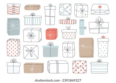 Continuous line design Christmas gift boxes with ribbons and bows vector illustration. Festive New Year present with wrapped surprise in package simple doodle linear style isolated set on white