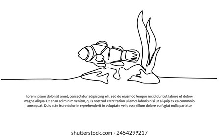 Continuous line design of  clownfish life in coral reefs. Single line decorative elements drawn on a white background.