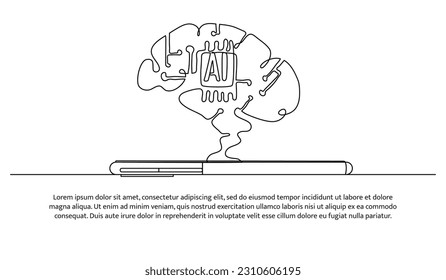 Continuous line design of computer circuit board in human brain. Artificial brain intelligence technology design concept. Decorative elements drawn on a white background.