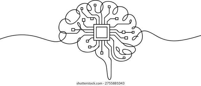 Continuous line design of computer circuit board in human brain. Artificial brain intelligence technology design concept. one line Icon drawing
