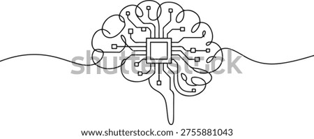 Continuous line design of computer circuit board in human brain. Artificial brain intelligence technology design concept. one line Icon drawing
