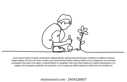 Continuous line design of conservation for reforestation. Single line decorative elements drawn on a white background.