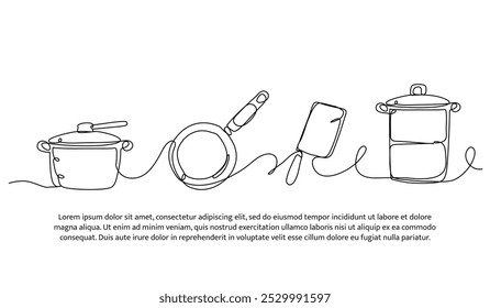 Continuous line design of cooking equipment. Single line decorative element drawn on white.