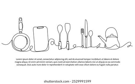 Continuous line design of cooking equipment. Single line decorative element drawn on white.