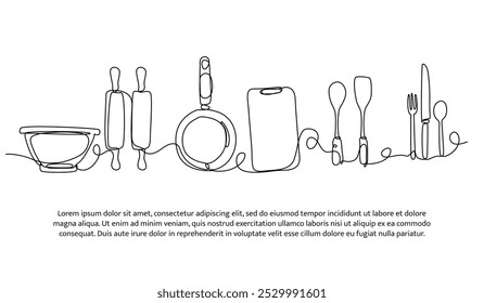 Continuous line design of cooking equipment. Single line decorative element drawn on white.
