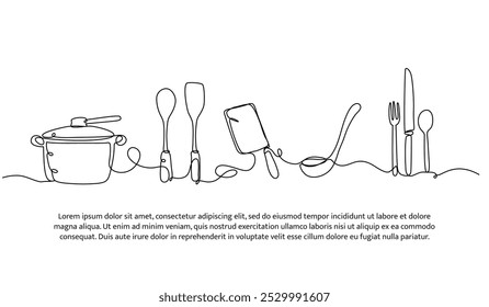 Projeto de linha contínua de equipamento de cozinha. Elemento decorativo de linha única desenhado em branco.