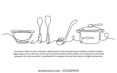 Continuous line design of cooking equipment. Single line decorative element drawn on white.