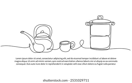 Continuous line design of cooking equipment. Single line decorative element drawn on white.