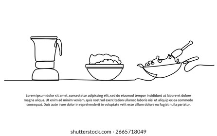 Diseño de línea continua de equipos de cocina. Elemento decorativo de una sola línea dibujado en blanco.