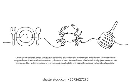Continuous line design of crab dishes. Single line decorative element drawn on white.