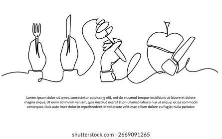 Projeto de linha contínua de talheres e frutas. Elemento decorativo de linha única desenhado em branco.