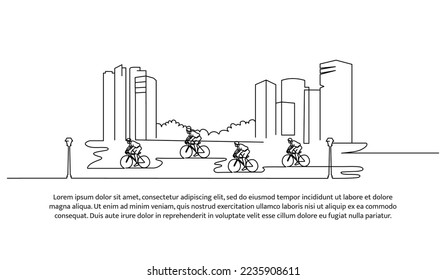 Diseño continuo de líneas de ciclistas juntos frente a edificios. Concepto de diseño deportivo en la ciudad. Elementos decorativos dibujados sobre un fondo blanco.