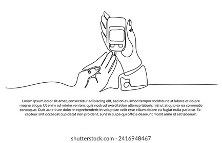 El diseño continuo de la línea del médico comprueba el nivel de azúcar del paciente. Elemento decorativo de una sola línea dibujado sobre fondo blanco.