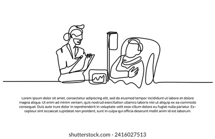 Diseño de línea continua del médico que examina al paciente. Elementos decorativos de una sola línea dibujados sobre un fondo blanco.