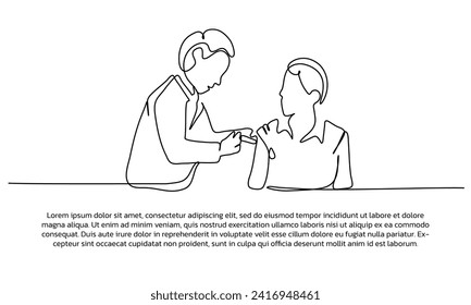 El diseño continuo de la línea del médico se inyecta en el brazo del paciente. Elemento decorativo de una sola línea dibujado sobre fondo blanco.