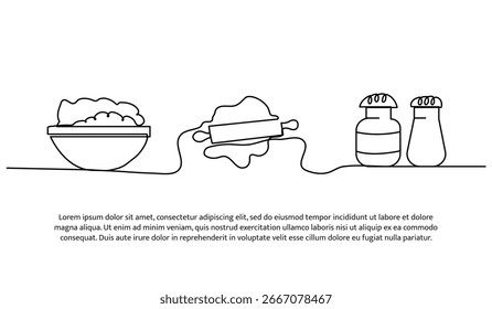 Projeto de linha contínua de fabricação de massa. Elemento decorativo de linha única desenhado em branco.