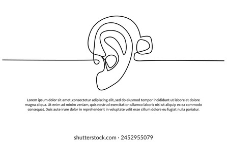 Continuous line design of ear using aids. Single line decorative elements drawn on a white background.