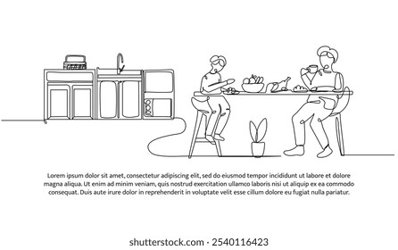 Projeto de linha contínua de comer com o irmão. Elemento decorativo de linha única desenhado em branco.