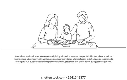 Projeto de linha contínua de comer com a família. Elemento decorativo de linha única desenhado em branco.