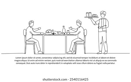 Continuous line design of eating together. Single line decorative element drawn on white.