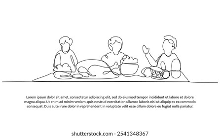 Diseño de línea continua de comer juntos. Elemento decorativo de una sola línea dibujado en blanco.