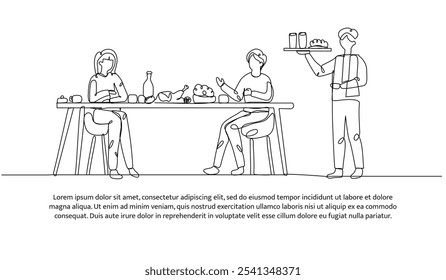 Continuous line design of eating together. Single line decorative element drawn on white.