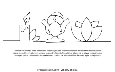 Projeto de linha contínua do método de espiritualidade de cuidados faciais. Elemento decorativo de linha única desenhado em branco.