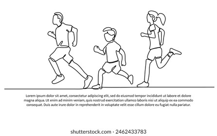 Continuous line design of family running together. Single line decorative elements drawn on a white background.