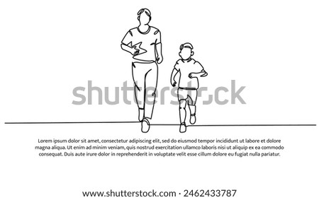 Continuous line design of father and son  jogging together. Single line decorative elements drawn on a white background.