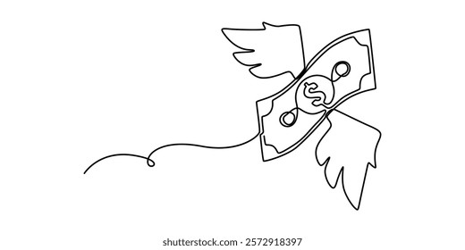 Continuous line design of flying winged money. Symbol of spending bills, loss of money, wastage. Decorative elements drawn on a white background, money paper flying with wings continuous one line draw