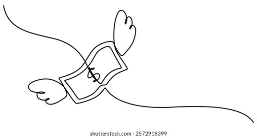 Continuous line design of flying winged money. Symbol of spending bills, loss of money, wastage. Decorative elements drawn on a white background, money paper flying with wings continuous one line draw