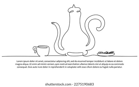 Continuous line design of food and drink dishes on table. Shared dining design concept. Decorative elements drawn on a white background.