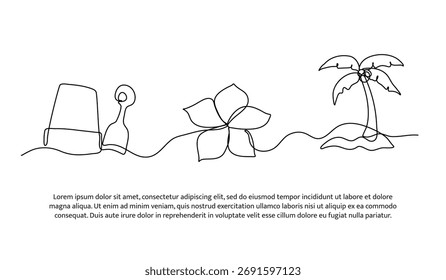 Diseño de línea continua de flores de frangipani y palma en la playa. Elemento decorativo de una sola línea dibujado en blanco.