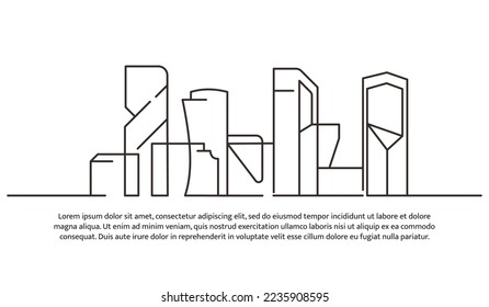Continuous line design of future building architecture. Technology development design. Future city concept. Decorative elements drawn on a white background.