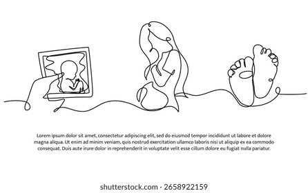 Continuous line design of give birth to a baby. Single line decorative element drawn on white.