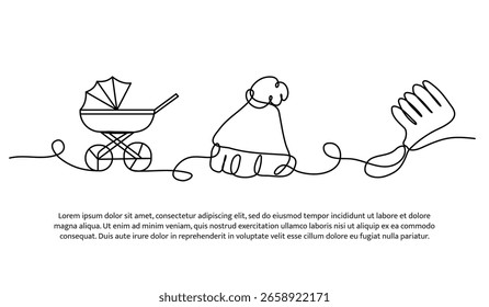 Continuous line design of give birth to a baby. Single line decorative element drawn on white.