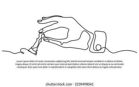 Continuous line design of a hand holding a pawn. Strategy concept design. Decorative elements drawn on a white background.