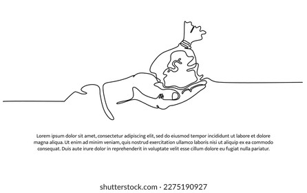 Continuous line design of hand holding money. Charity and helping others design concept. Decorative elements drawn on a white background.