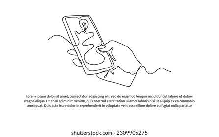 Continuous line design of hand holding mobile phone to search travel route. Decorative elements drawn on a white background.