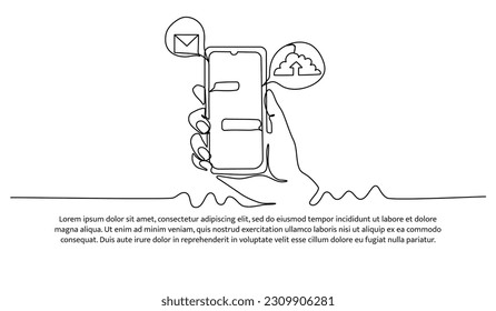 Continuous line design of a hand holding a cell phone to send information to each other. Decorative elements drawn on a white background.