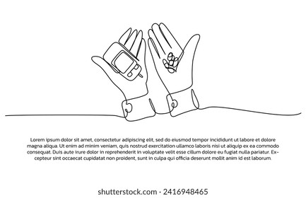 Continuous line design of hand holding capsule. Single line decorative elements drawn on a white background.