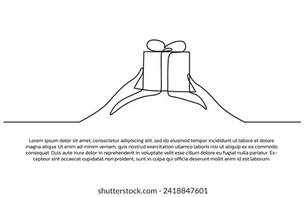 Continuous line design of hand holding a gift box. Single line decorative elements drawn on a white background.