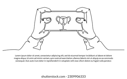 Continuous line design of hands playing games on mobile. Decorative elements drawn on a white background.