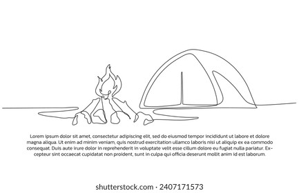 Continuous line design of happy to camp and set up a tent with a campfire. Single line decorative elements drawn on a white background.
