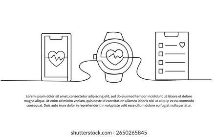Diseño de línea continua de monitorización de la frecuencia cardíaca. Elemento decorativo de una sola línea dibujado en blanco.