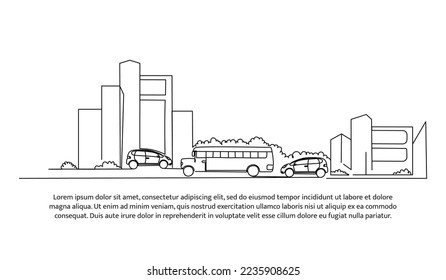 Continuous line design of heavy city traffic view. The concept of a city center design that is full of vehicles and traffic jams. Decorative elements drawn on a white background.