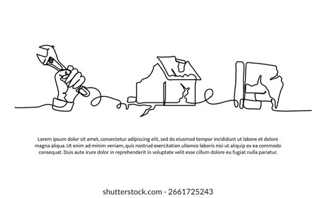 Kontinuierliches Liniendesign der Reparatur von Hausschäden. Einzeiliges Dekorelement auf Weiß.