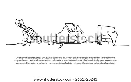 Continuous line design of home damage repair. Single line decorative element drawn on white.