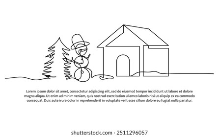 Continuous line design of a house with trees and a snowman. Single line decorative element drawn on white background.