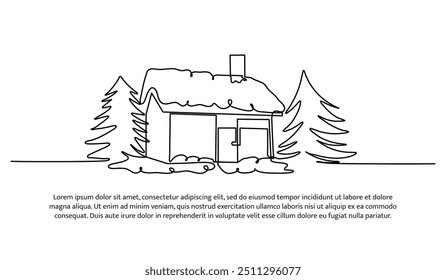 Projeto de linha contínua de uma casa com árvores e um boneco de neve. Elemento decorativo de linha única desenhado sobre fundo branco.